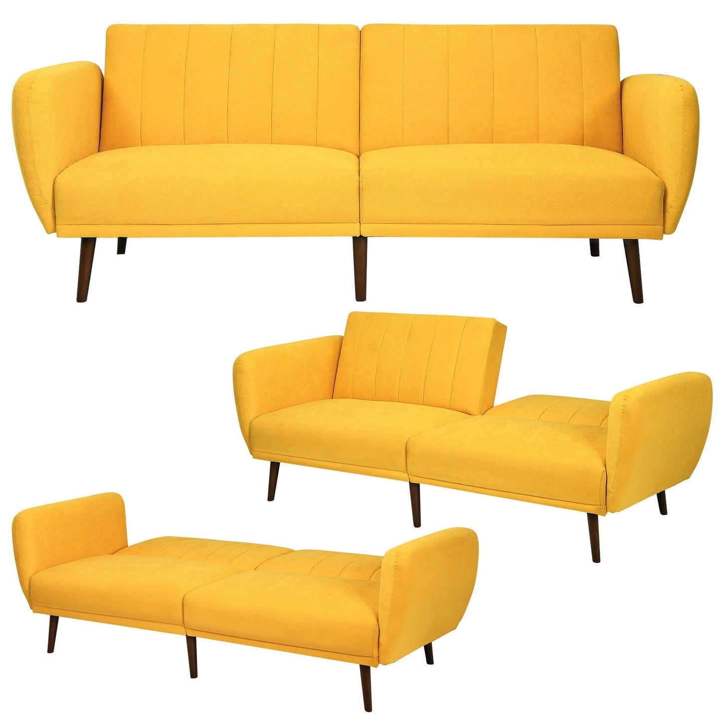 Convertible Futon Sofa Bed with Adjustable Backrest and Solid Wood Legs in Yellow