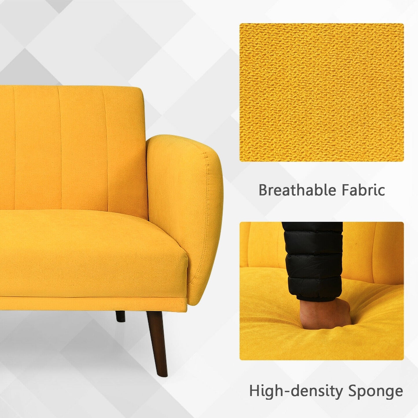 Convertible Futon Sofa Bed with Adjustable Backrest and Solid Wood Legs in Yellow