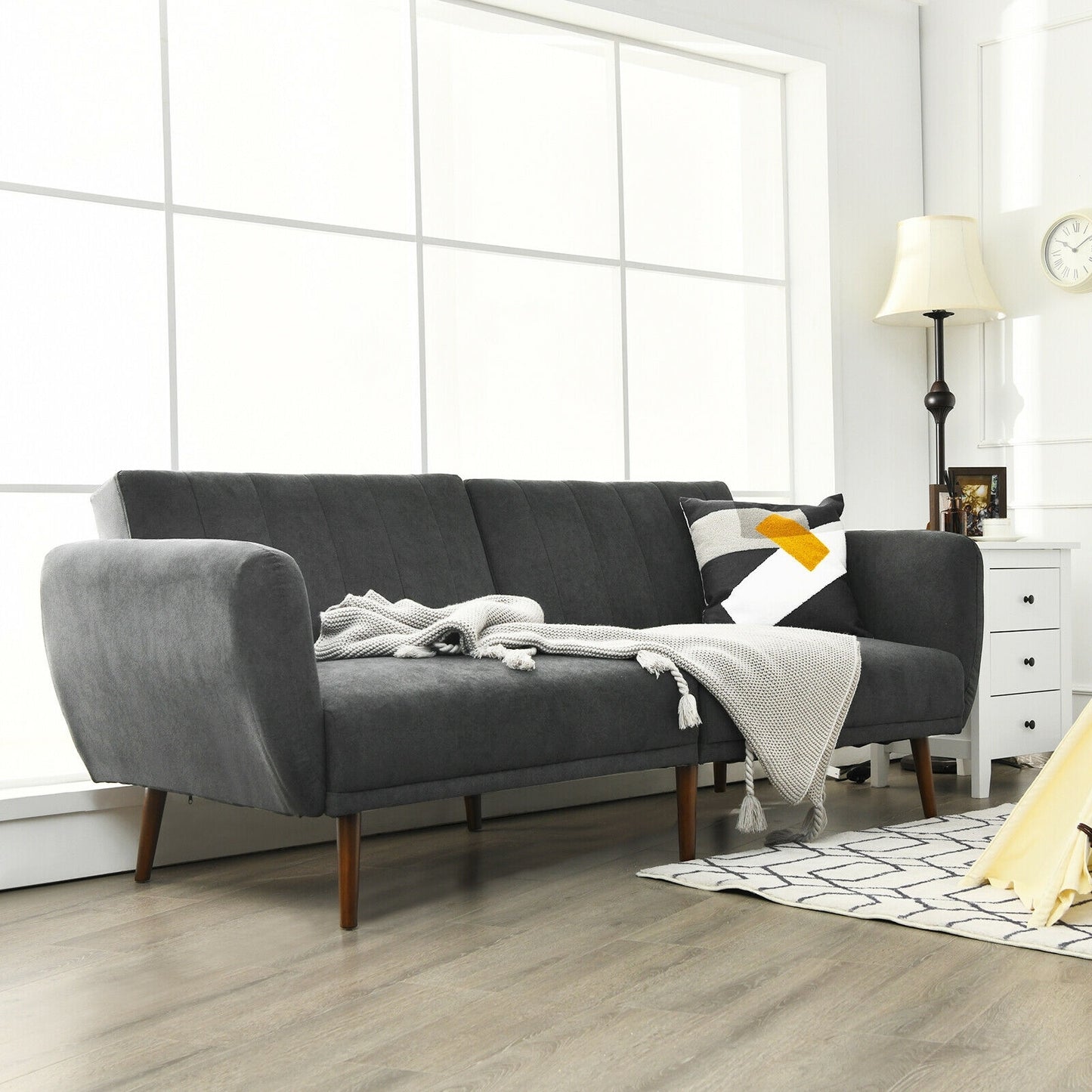 Convertible Futon Sofa Bed with Adjustable Backrest and Solid Wood Legs in Grey