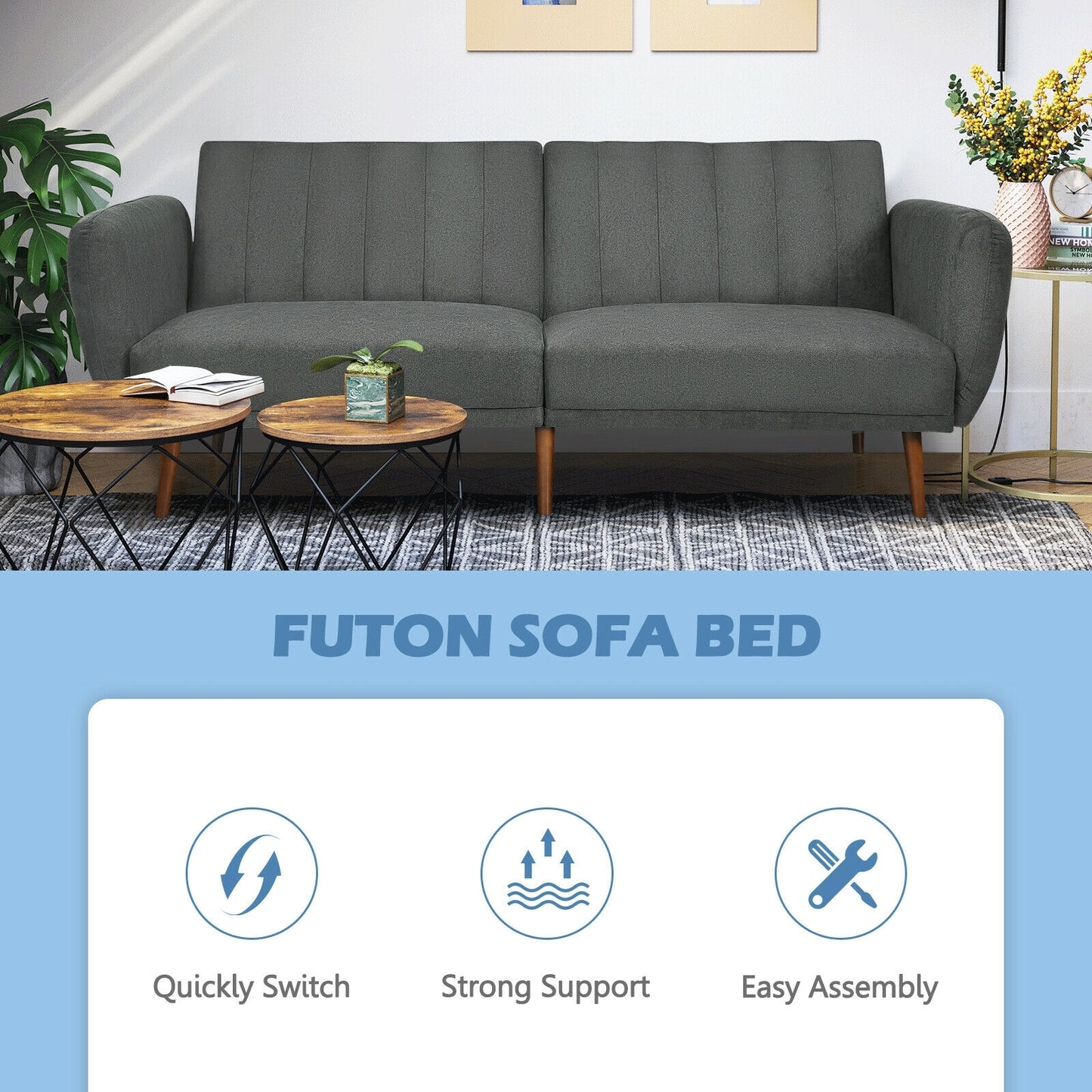 Convertible Futon Sofa Bed with Adjustable Backrest and Solid Wood Legs in Grey