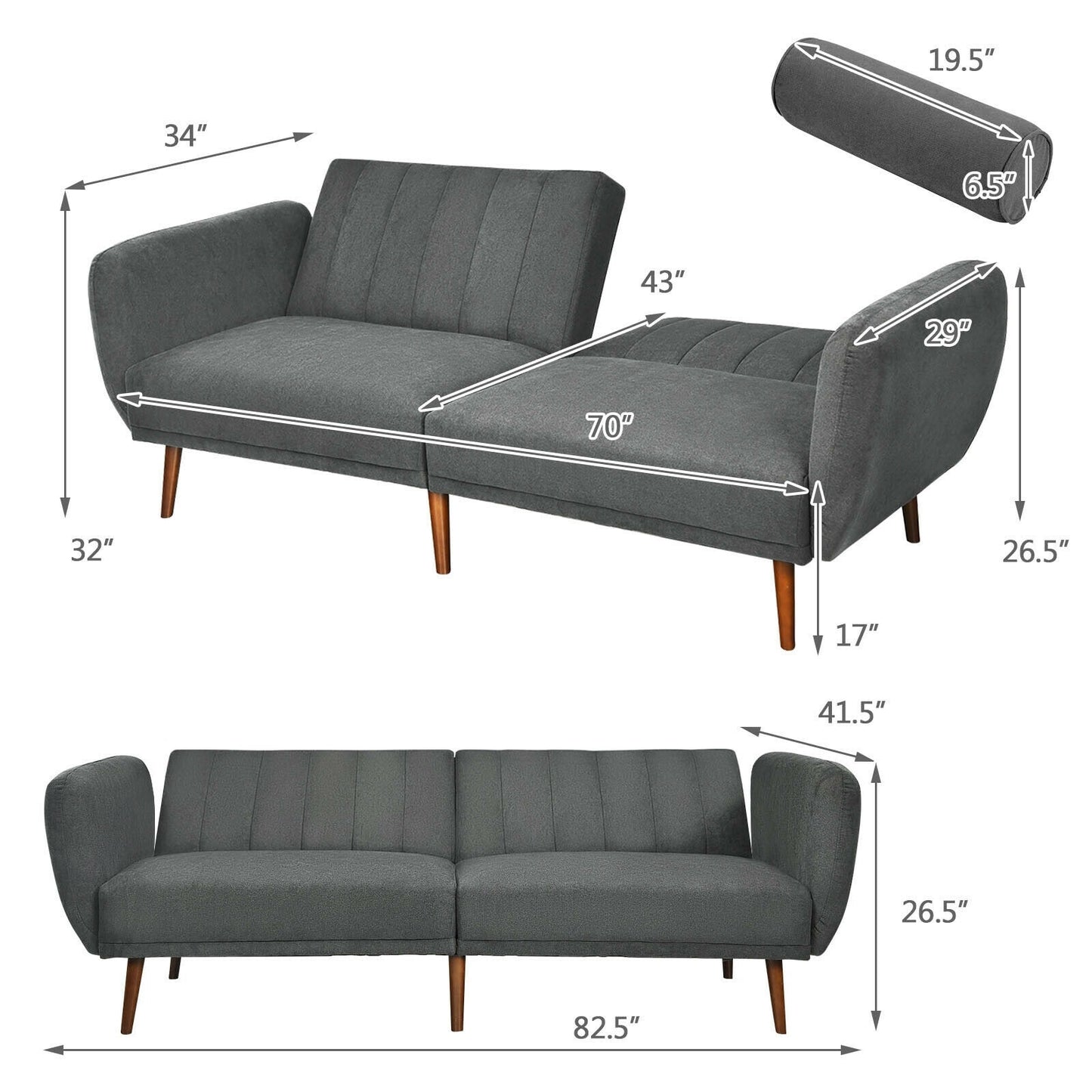 Convertible Futon Sofa Bed with Adjustable Backrest and Solid Wood Legs in Grey