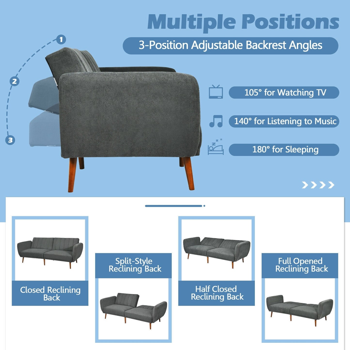 Convertible Futon Sofa Bed with Adjustable Backrest and Solid Wood Legs in Grey