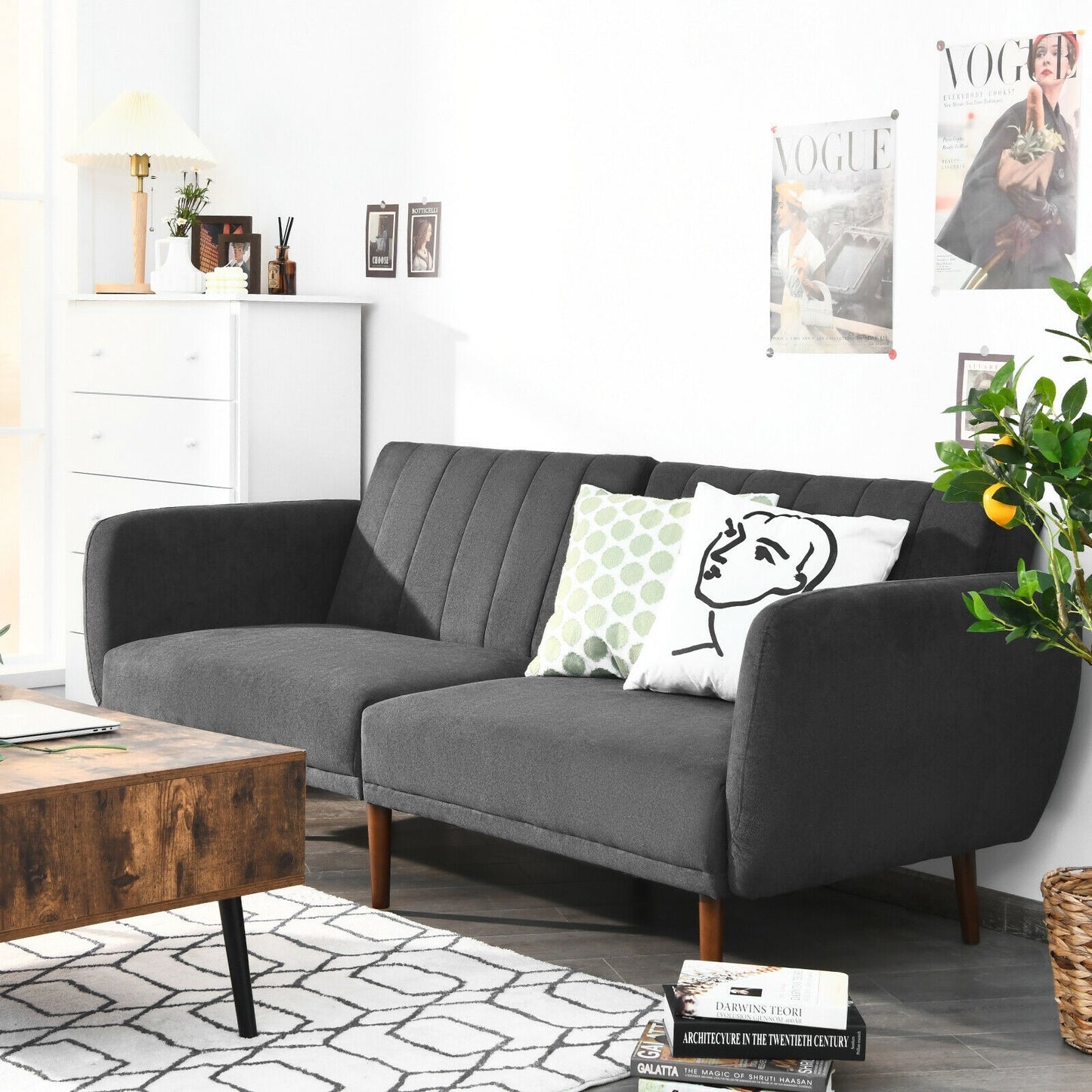 Convertible Futon Sofa Bed with Adjustable Backrest and Solid Wood Legs in Grey