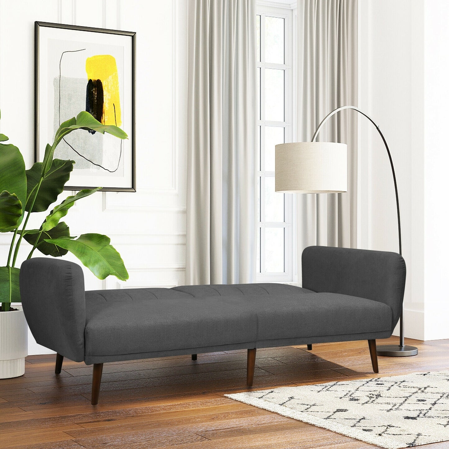 Convertible Futon Sofa Bed with Adjustable Backrest and Solid Wood Legs in Grey