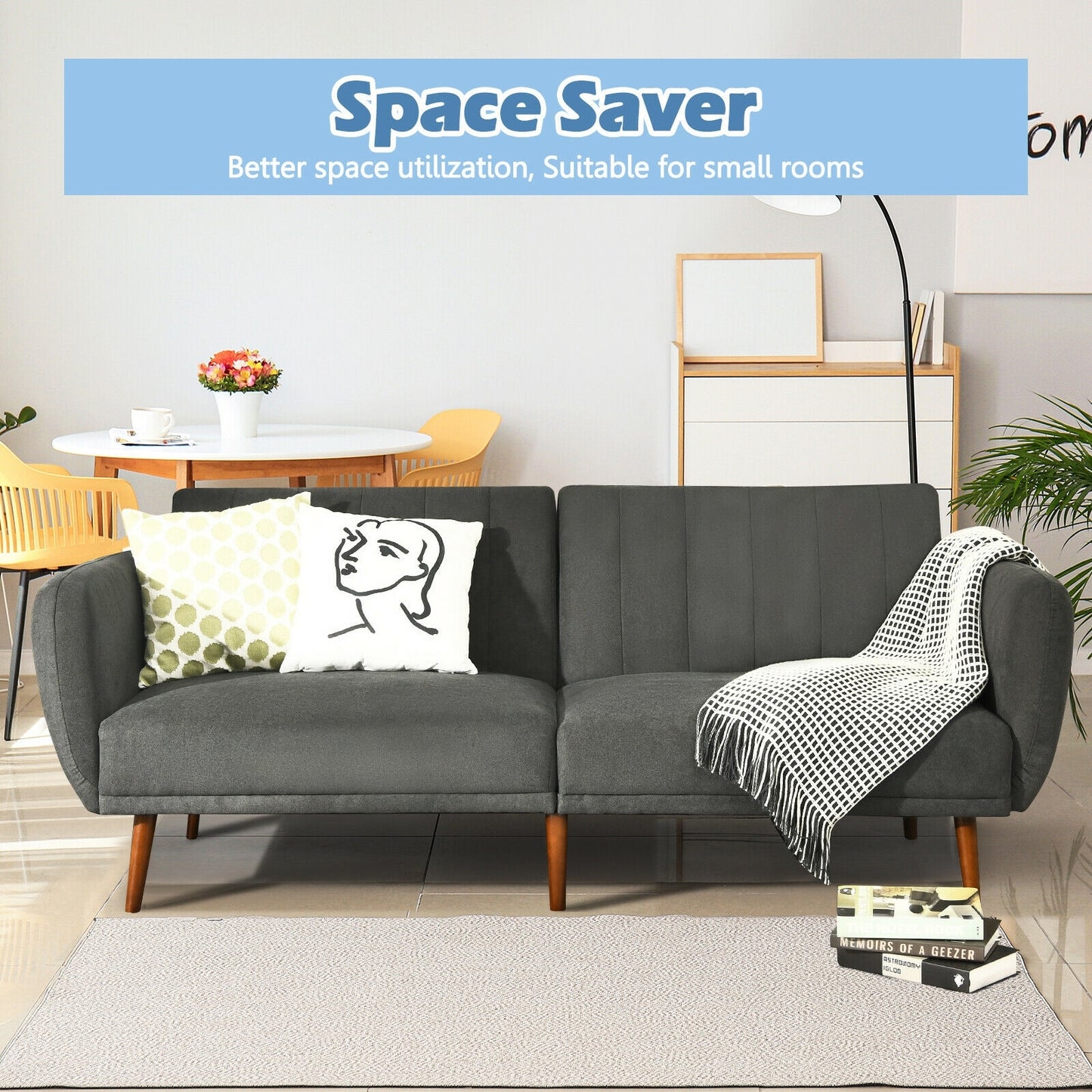 Convertible Futon Sofa Bed with Adjustable Backrest and Solid Wood Legs in Grey