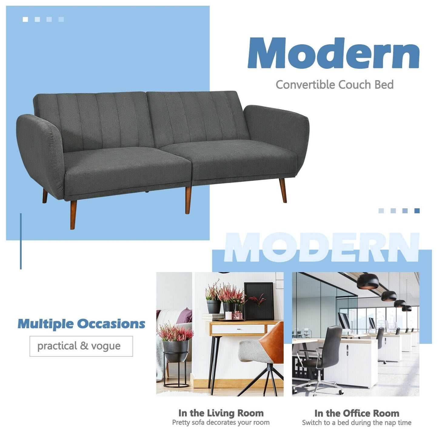 Convertible Futon Sofa Bed with Adjustable Backrest and Solid Wood Legs in Grey
