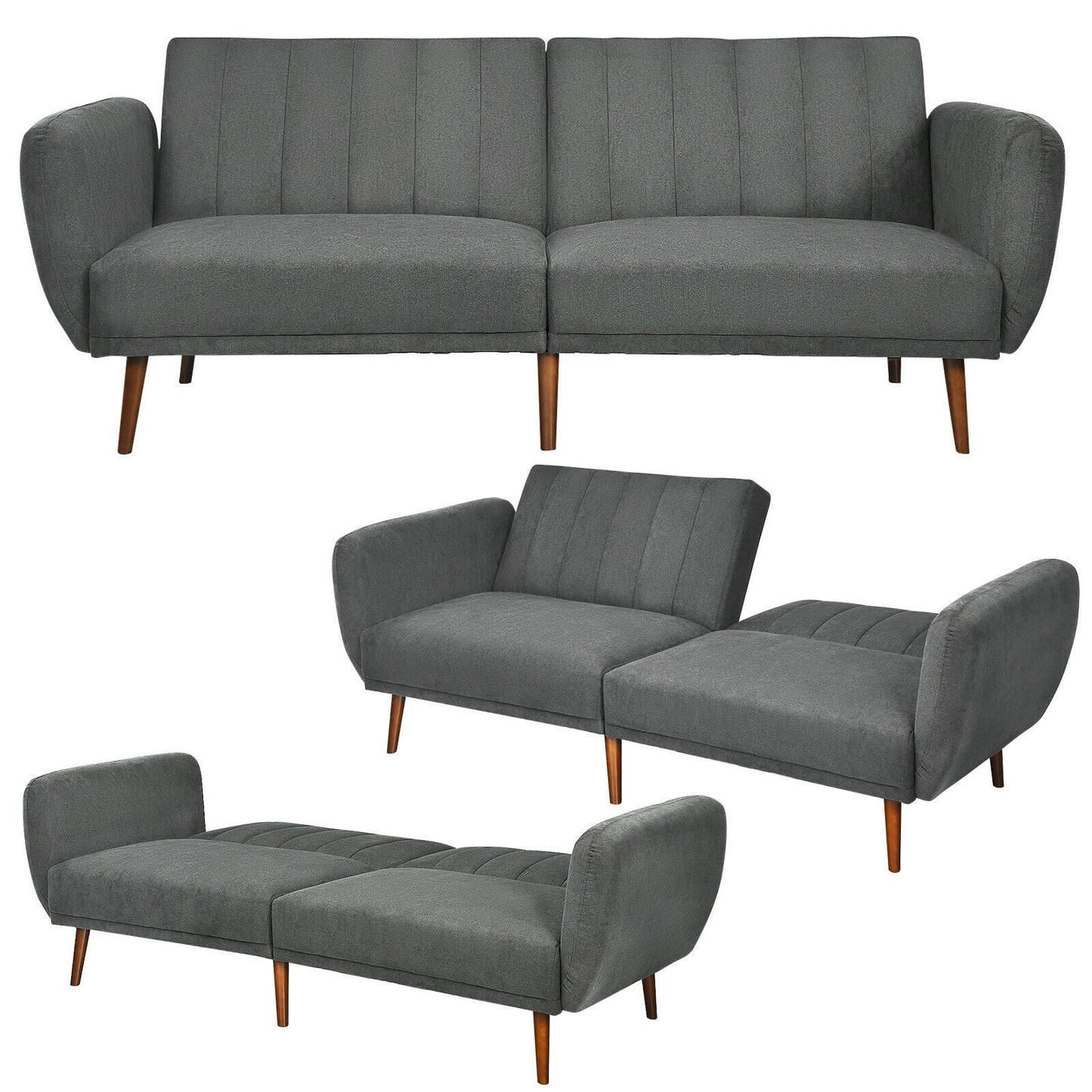 Convertible Futon Sofa Bed with Adjustable Backrest and Solid Wood Legs in Grey