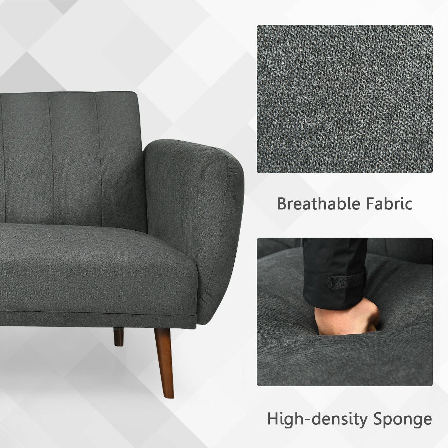 Convertible Futon Sofa Bed with Adjustable Backrest and Solid Wood Legs in Grey