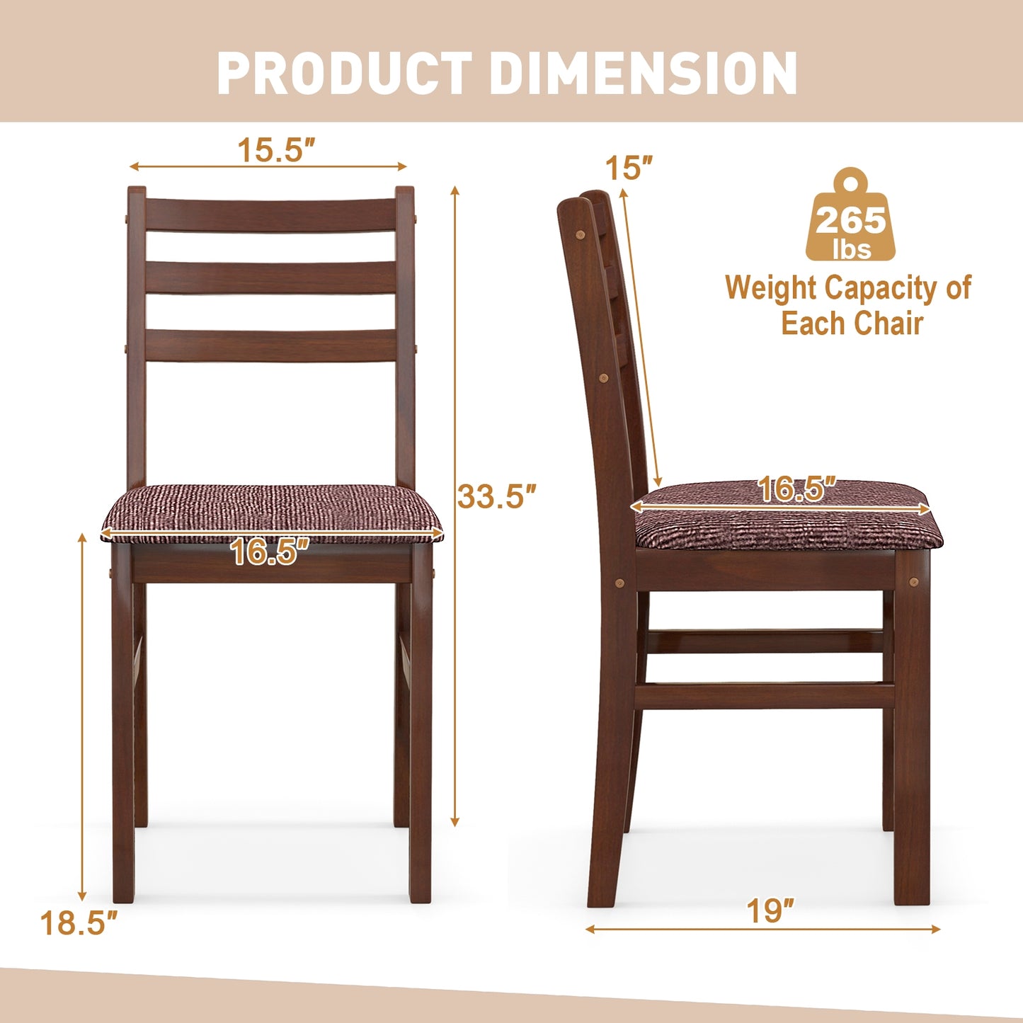 2-Piece Mid-Century Modern Wooden Dining Chairs with Comfortable Upholstered Seats