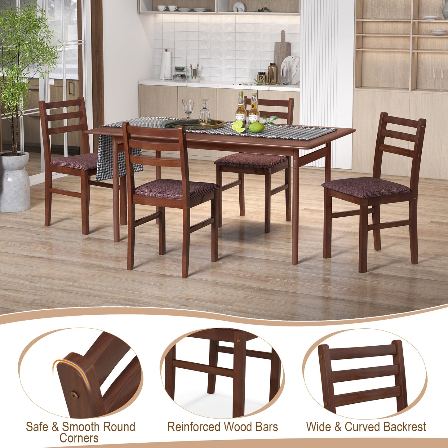 2-Piece Mid-Century Modern Wooden Dining Chairs with Comfortable Upholstered Seats
