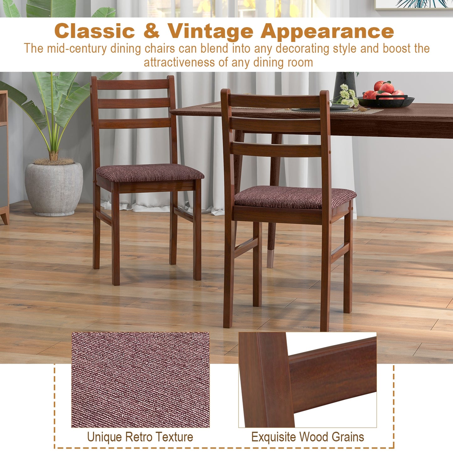 2-Piece Mid-Century Modern Wooden Dining Chairs with Comfortable Upholstered Seats