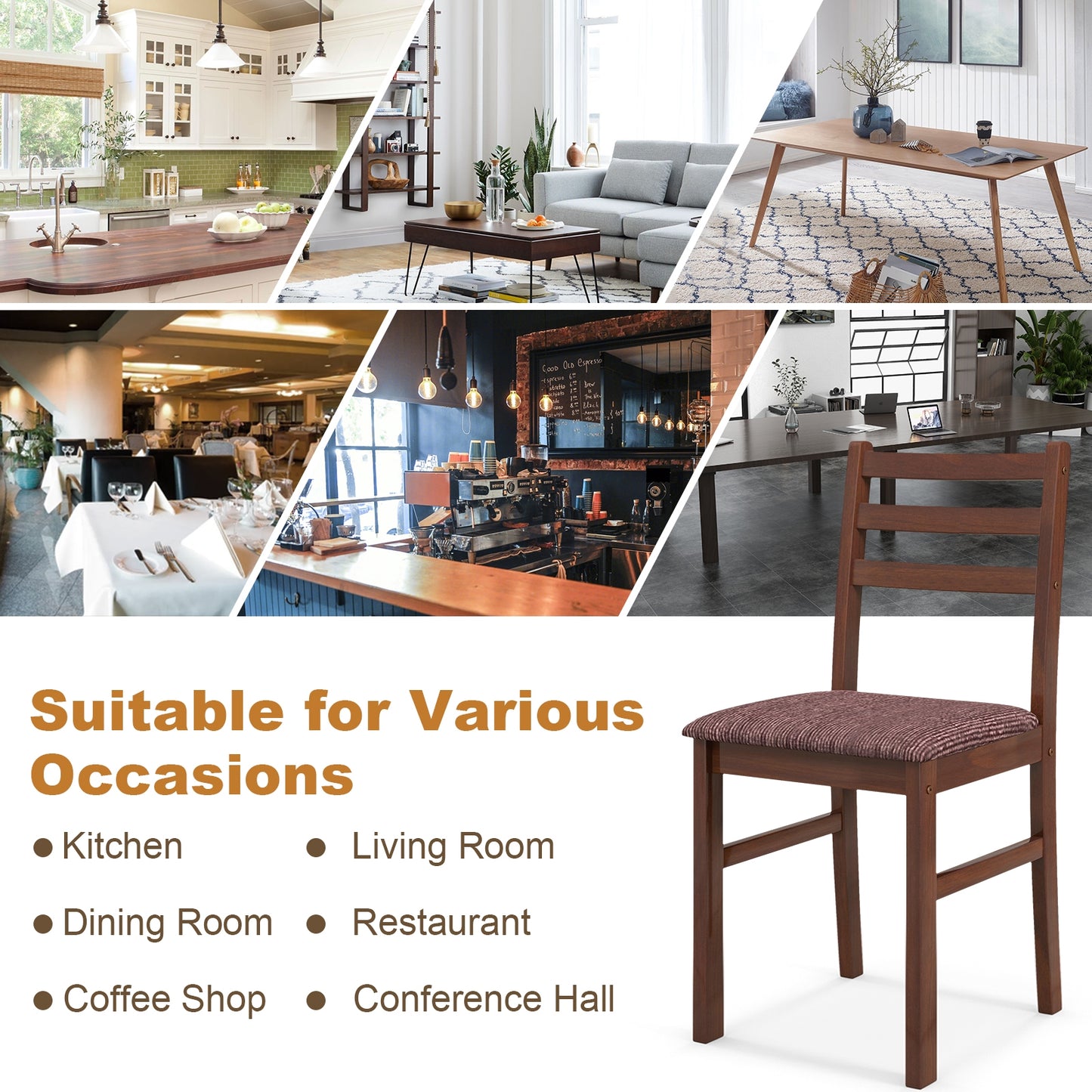 2-Piece Mid-Century Modern Wooden Dining Chairs with Comfortable Upholstered Seats