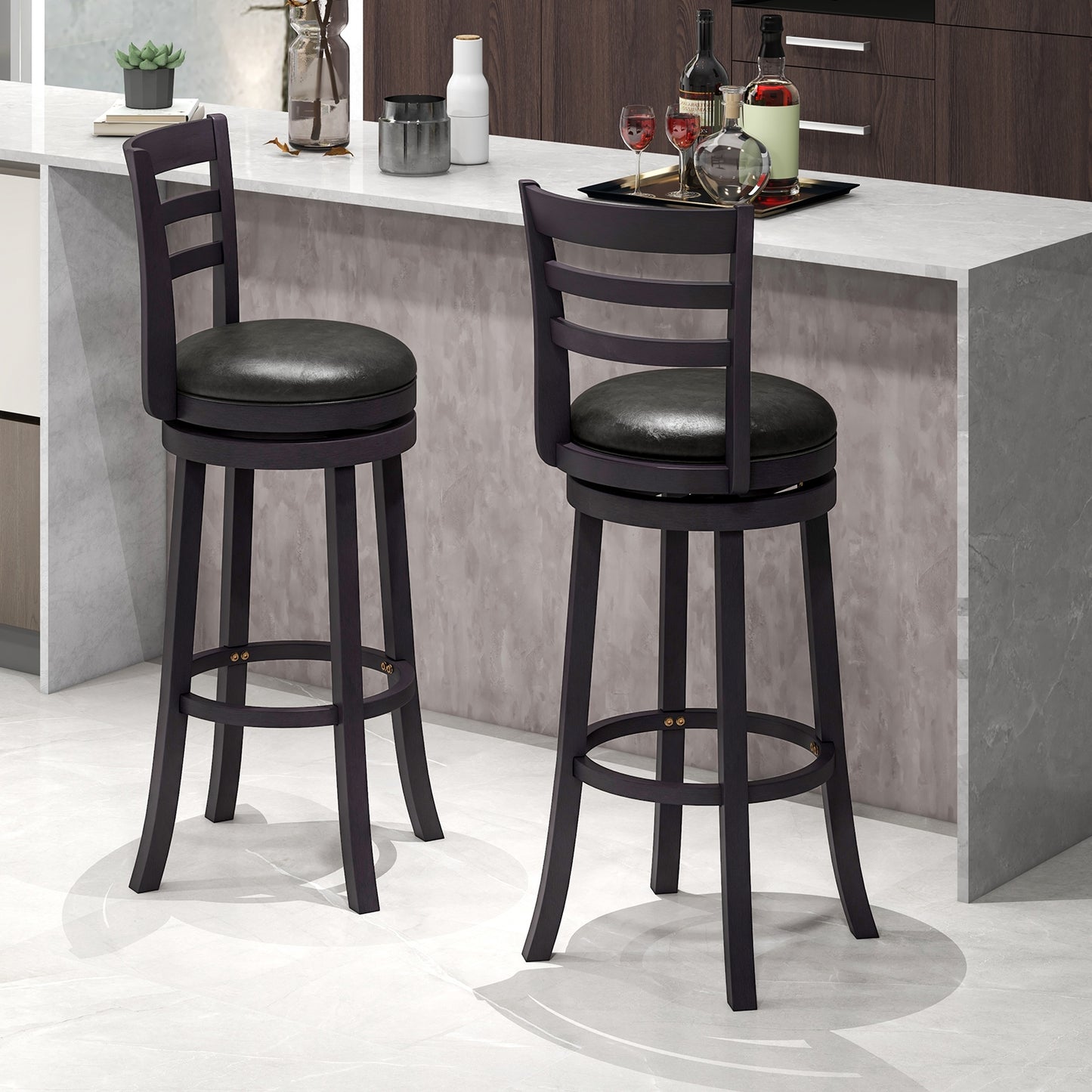 Set of 2 Swivel Bar Stools with PU Upholstery and Wood Frame, 31.5" Bar Height Chairs