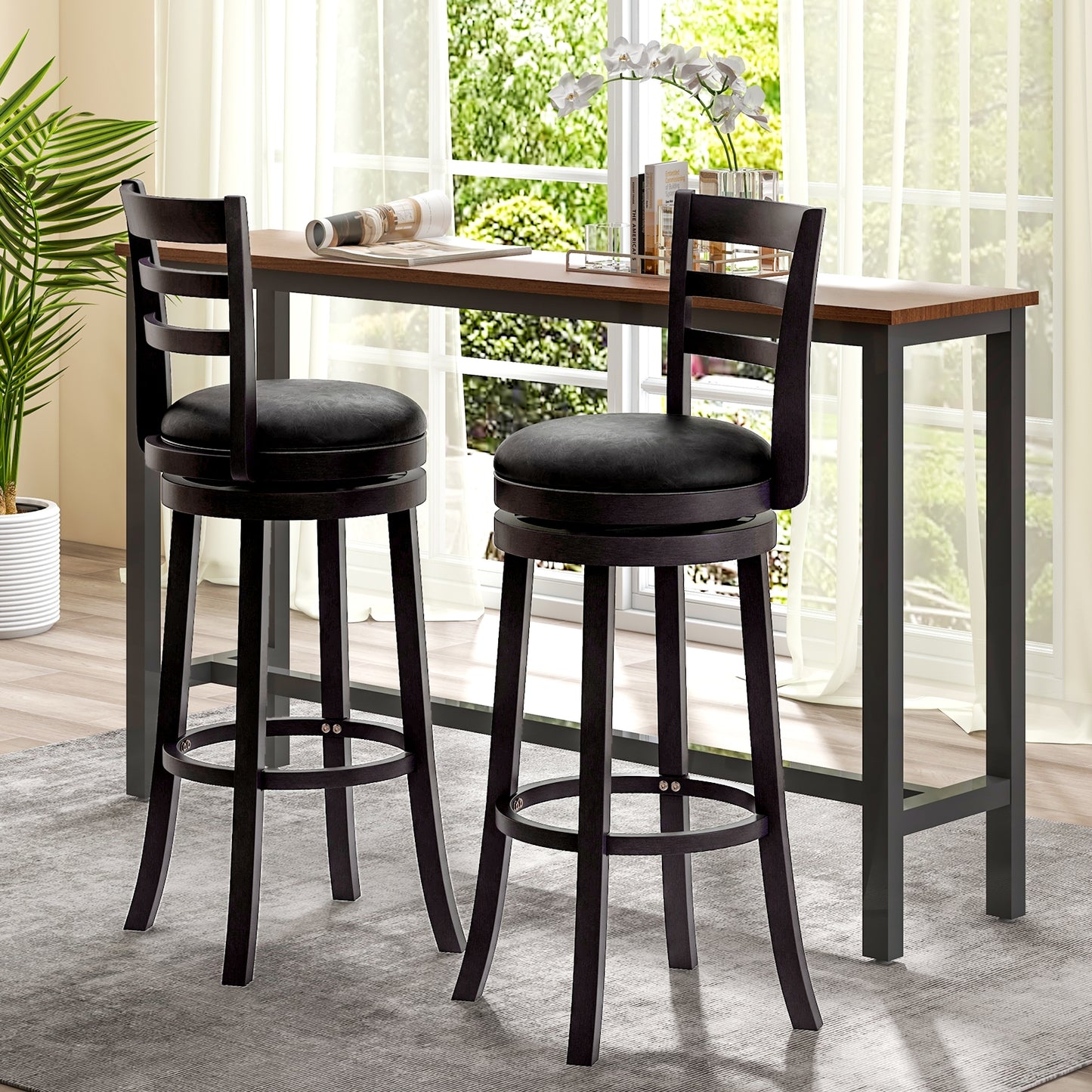 Set of 2 Swivel Bar Stools with PU Upholstery and Wood Frame, 31.5" Bar Height Chairs