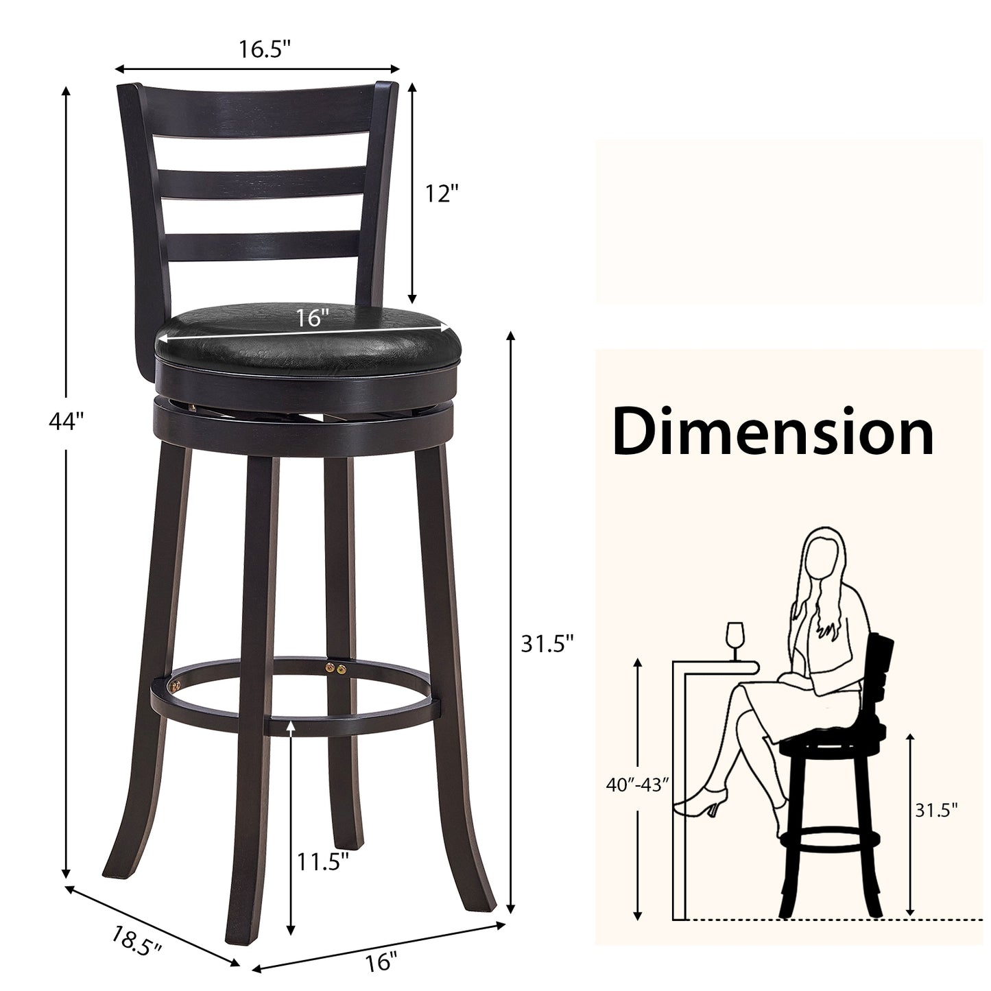 Set of 2 Swivel Bar Stools with PU Upholstery and Wood Frame, 31.5" Bar Height Chairs
