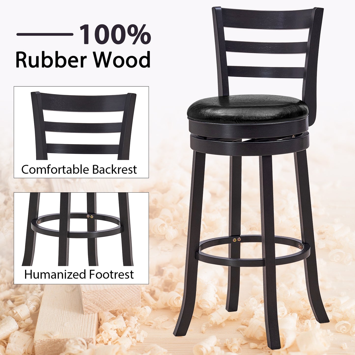 Set of 2 Swivel Bar Stools with PU Upholstery and Wood Frame, 31.5" Bar Height Chairs