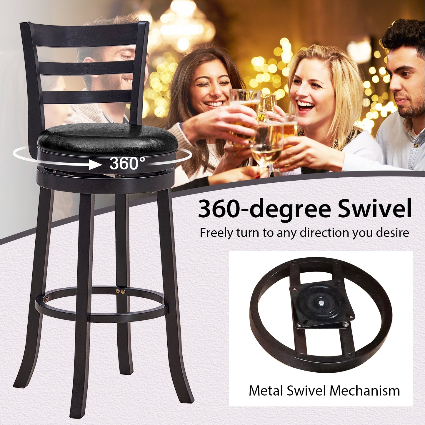 Set of 2 Swivel Bar Stools with PU Upholstery and Wood Frame, 31.5" Bar Height Chairs
