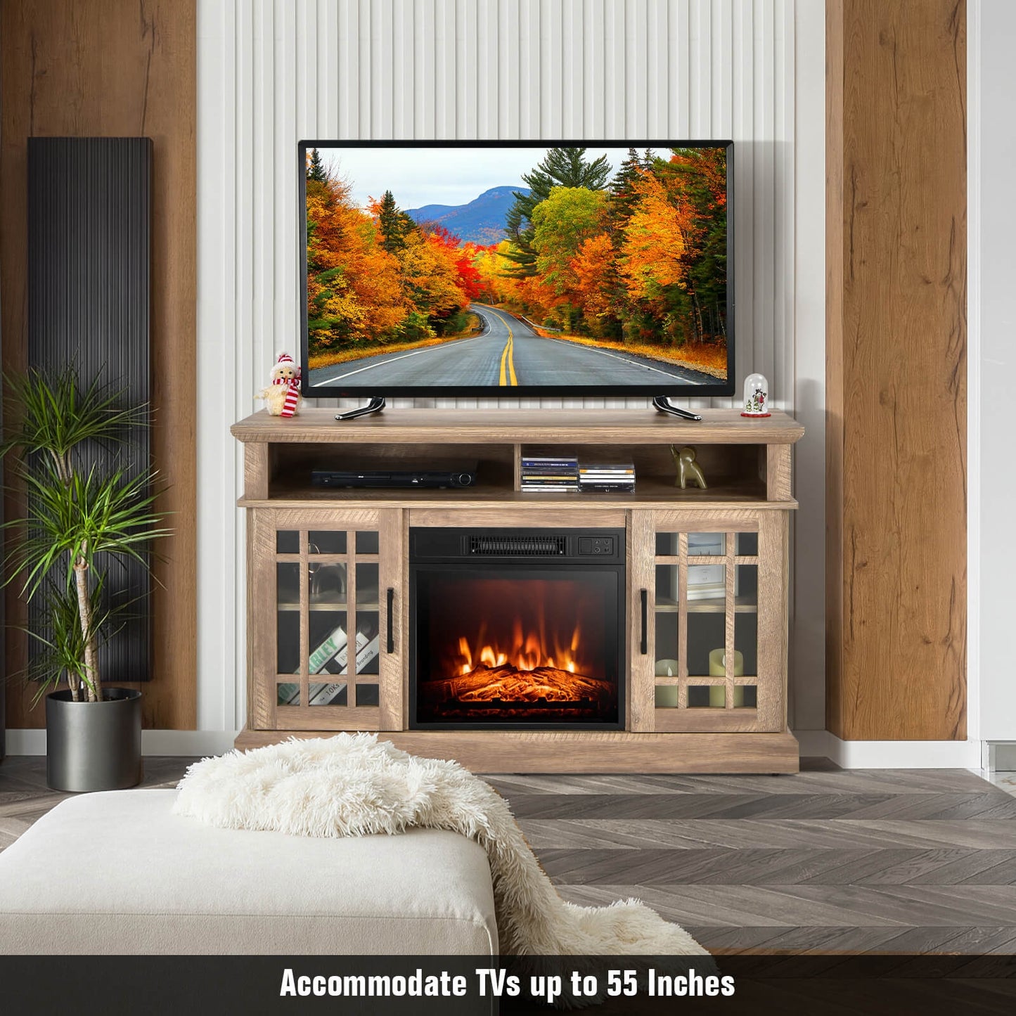 Modern 48 Inch TV Stand with Electric Fireplace and Adjustable Cabinets for TVs Up to 55 Inches - Natural