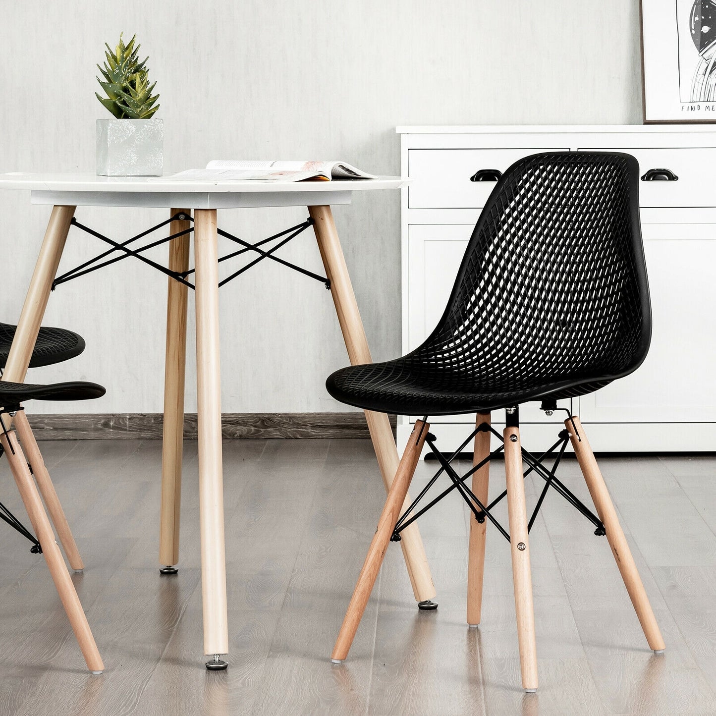 Set of 2 Modern Plastic Hollow Dining Chairs with Wooden Legs for Home and Office - Black