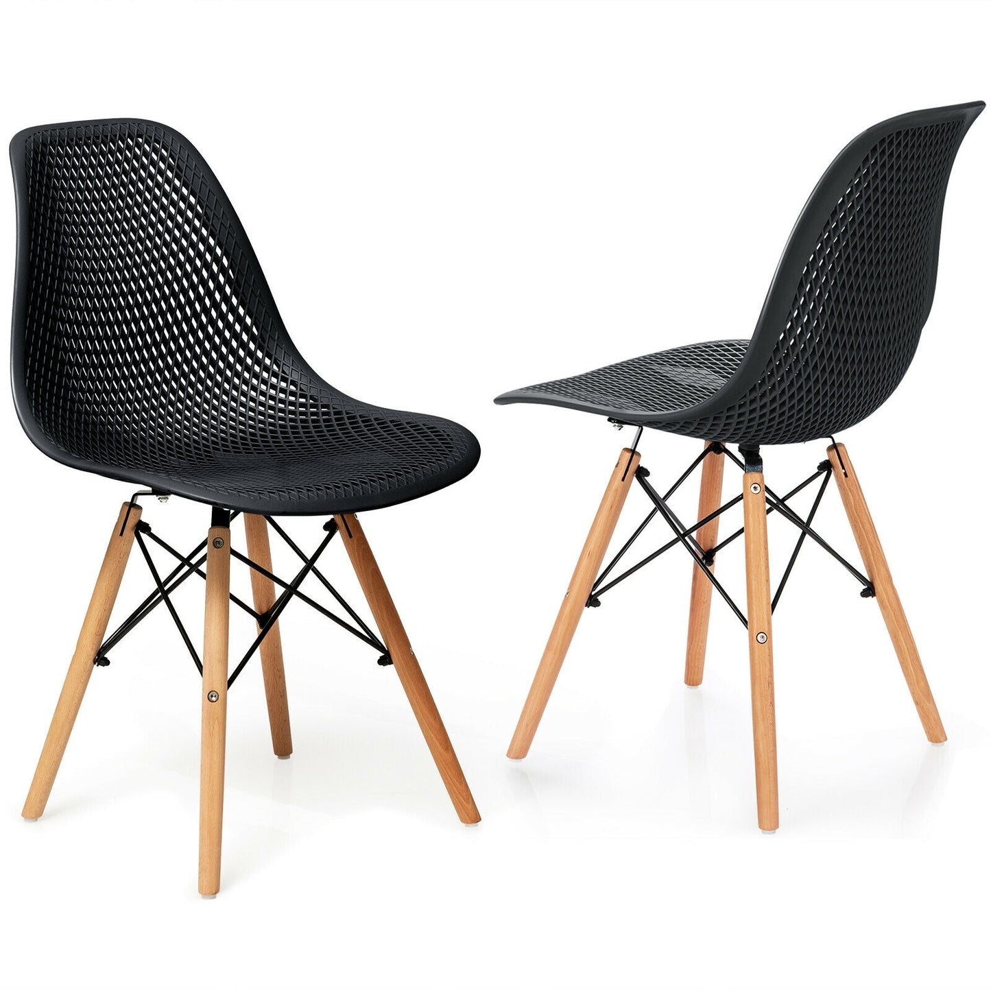 Set of 2 Modern Plastic Hollow Dining Chairs with Wooden Legs for Home and Office - Black
