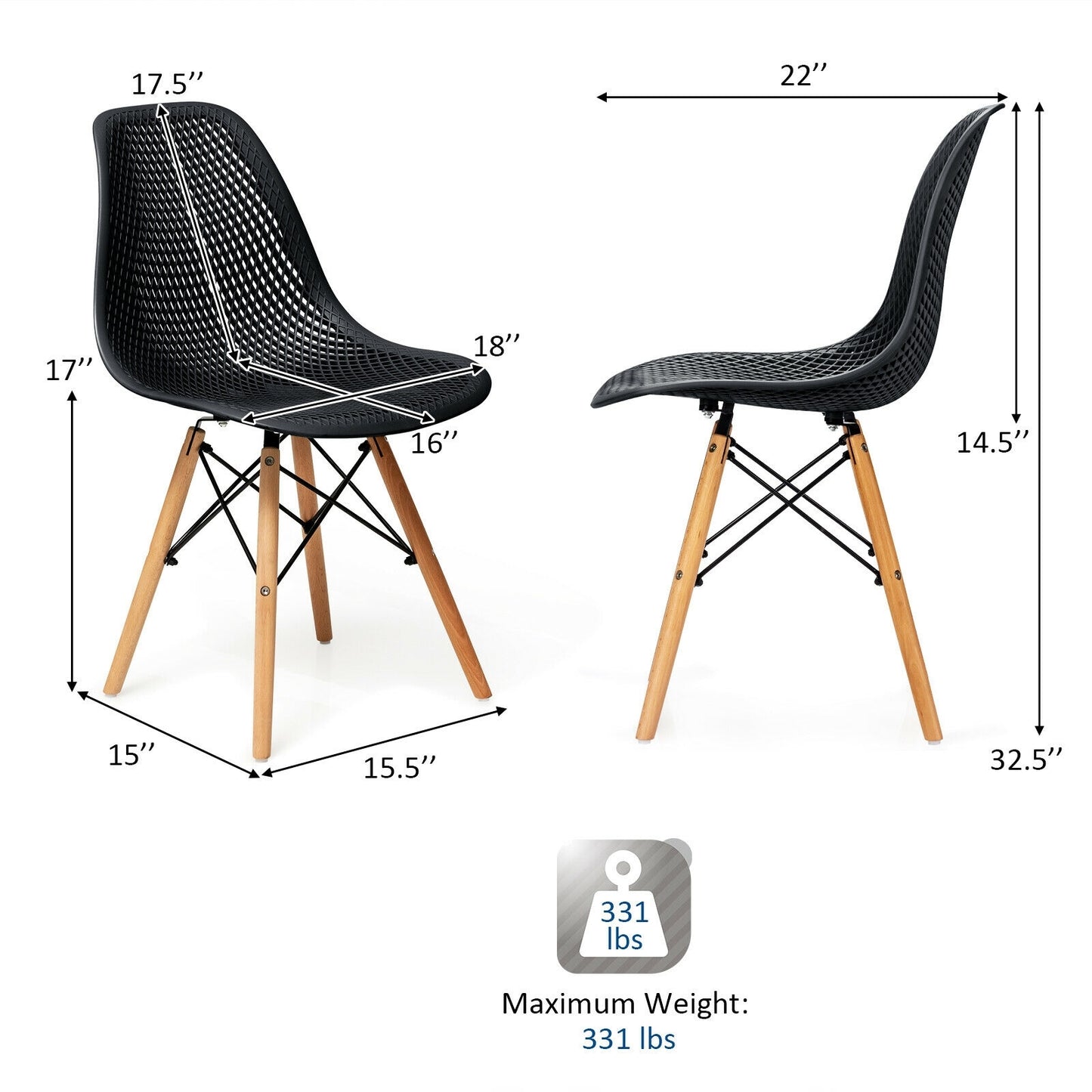 Set of 2 Modern Plastic Hollow Dining Chairs with Wooden Legs for Home and Office - Black