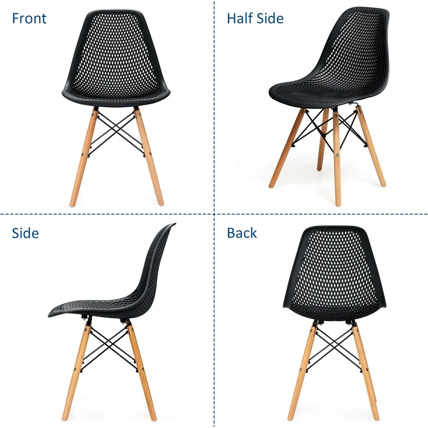 Set of 2 Modern Plastic Hollow Dining Chairs with Wooden Legs for Home and Office - Black