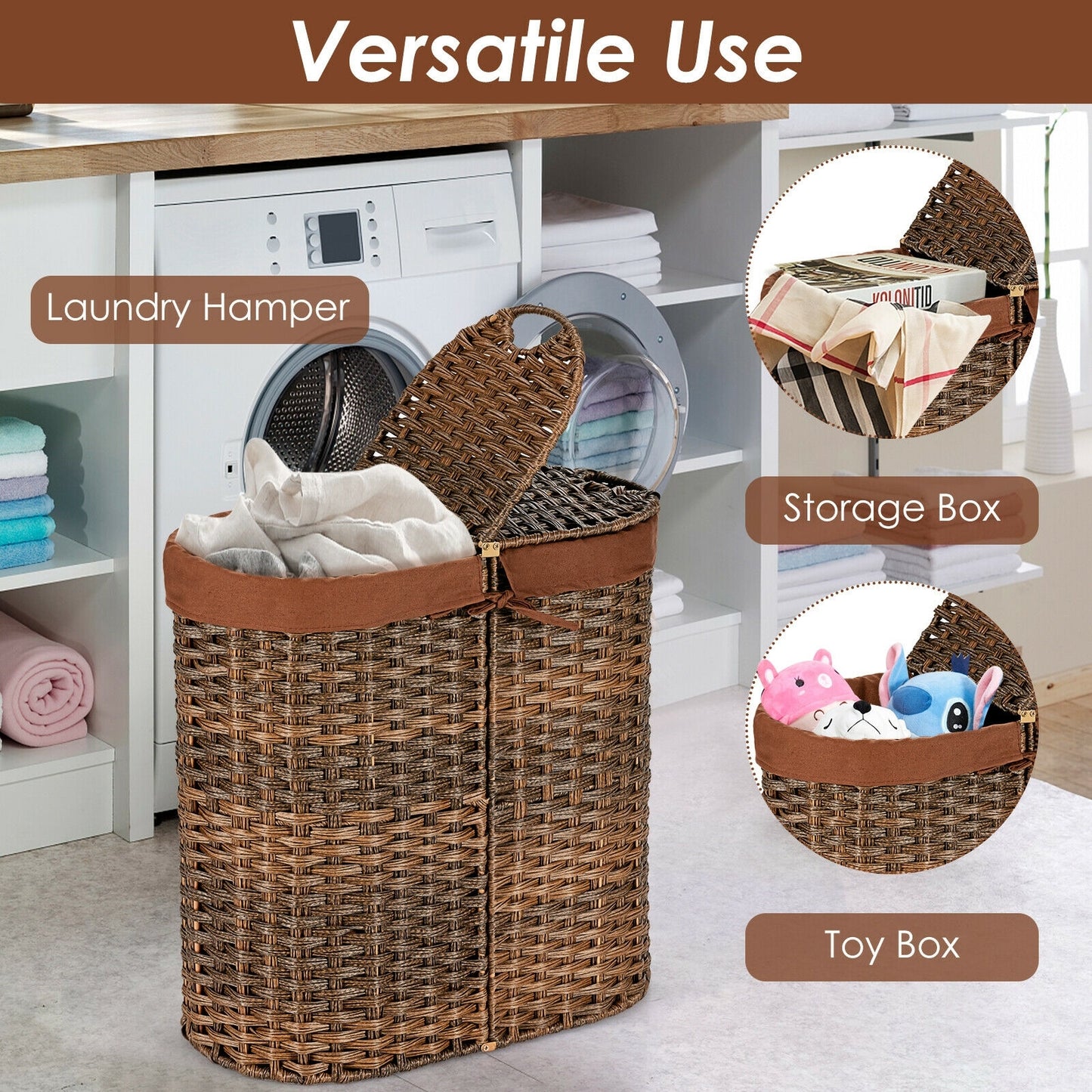 Handwoven Rattan Laundry Hamper with Removable Liner Bags & Dual Compartments