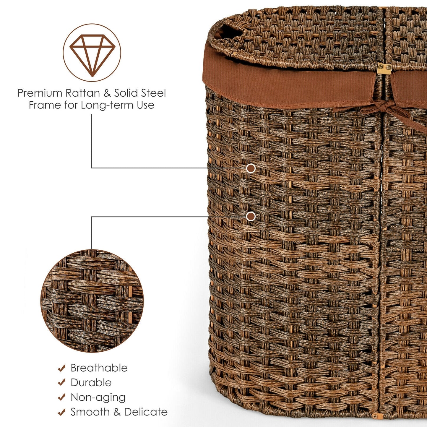 Handwoven Rattan Laundry Hamper with Removable Liner Bags & Dual Compartments