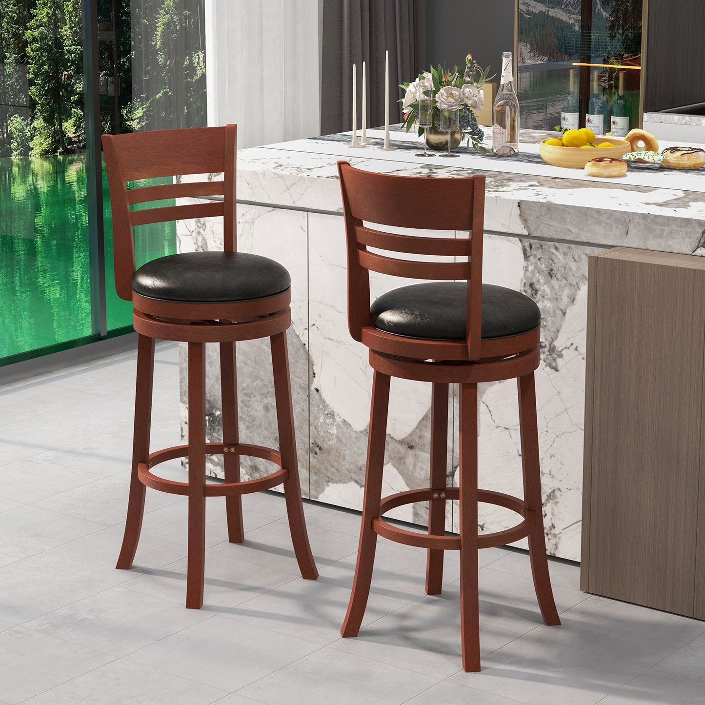 Set of 2 Swivel Bar Stools with PU Upholstered Seats and Solid Wood Legs, 31.5" Bar Height Chairs