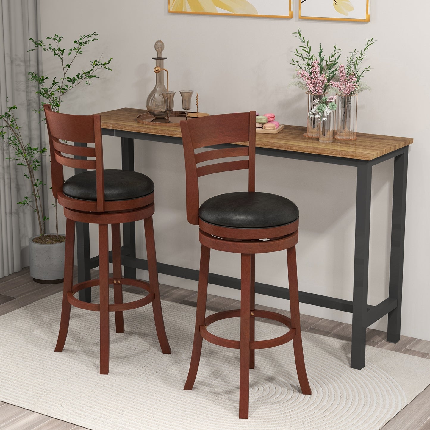 Set of 2 Swivel Bar Stools with PU Upholstered Seats and Solid Wood Legs, 31.5" Bar Height Chairs