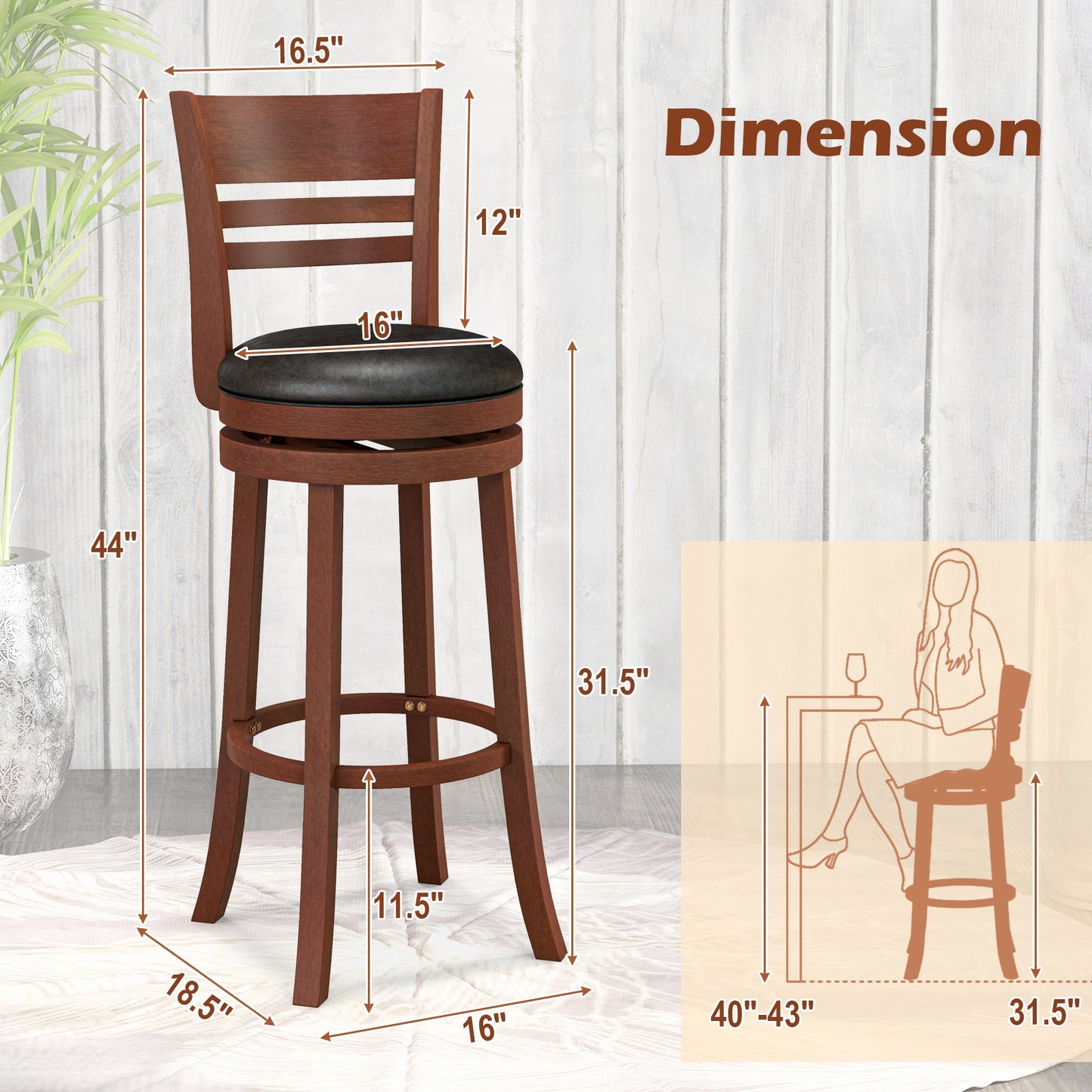 Set of 2 Swivel Bar Stools with PU Upholstered Seats and Solid Wood Legs, 31.5" Bar Height Chairs