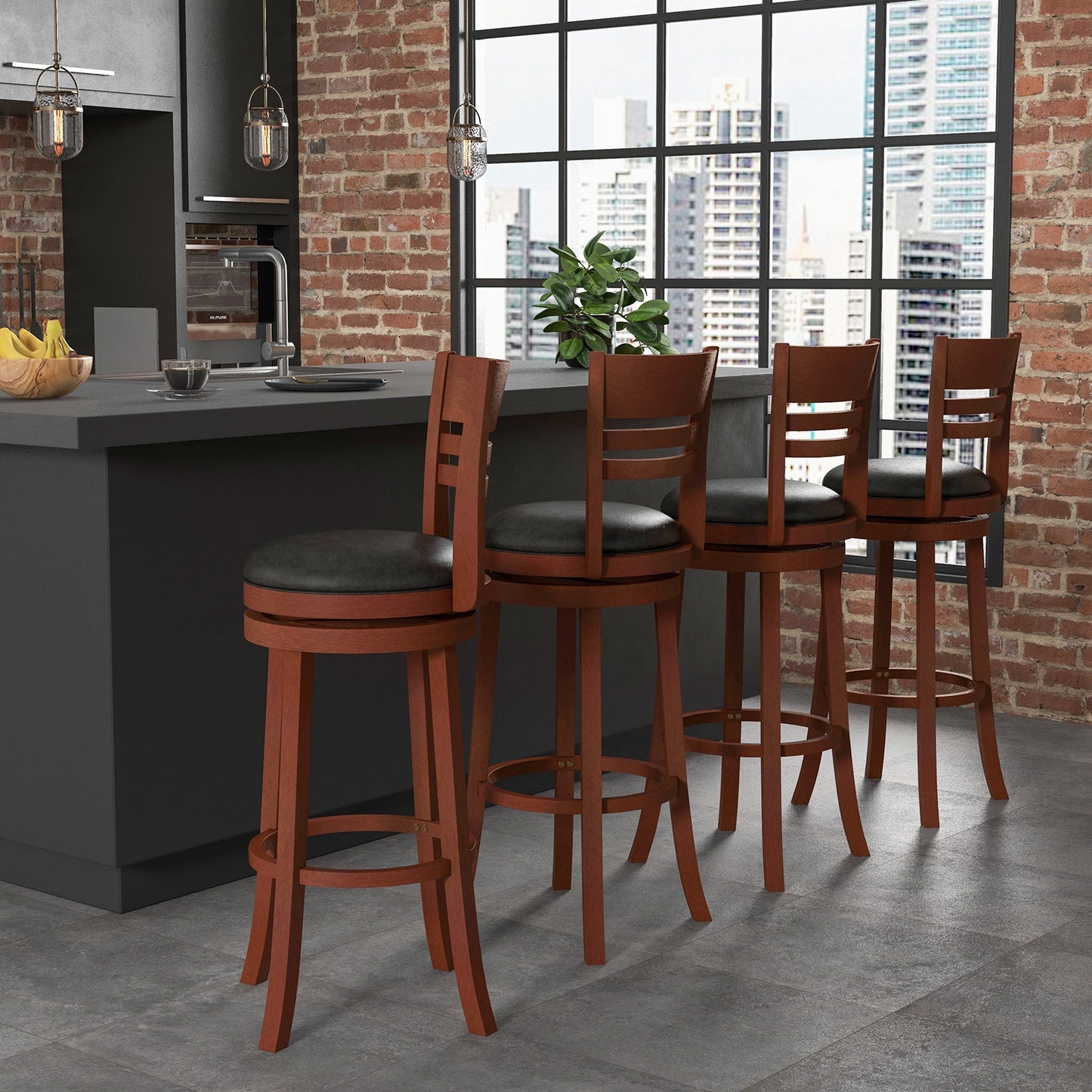 Set of 2 Swivel Bar Stools with PU Upholstered Seats and Solid Wood Legs, 31.5" Bar Height Chairs
