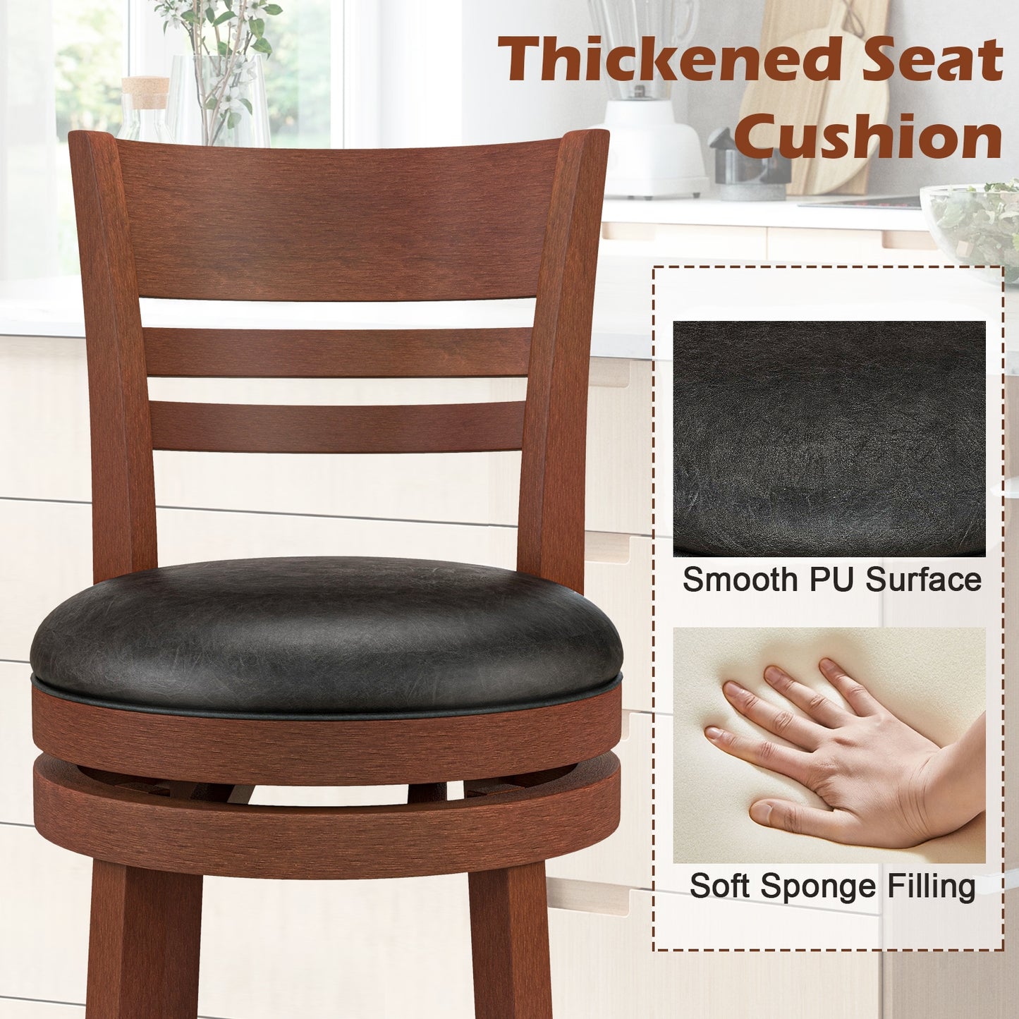 Set of 2 Swivel Bar Stools with PU Upholstered Seats and Solid Wood Legs, 31.5" Bar Height Chairs