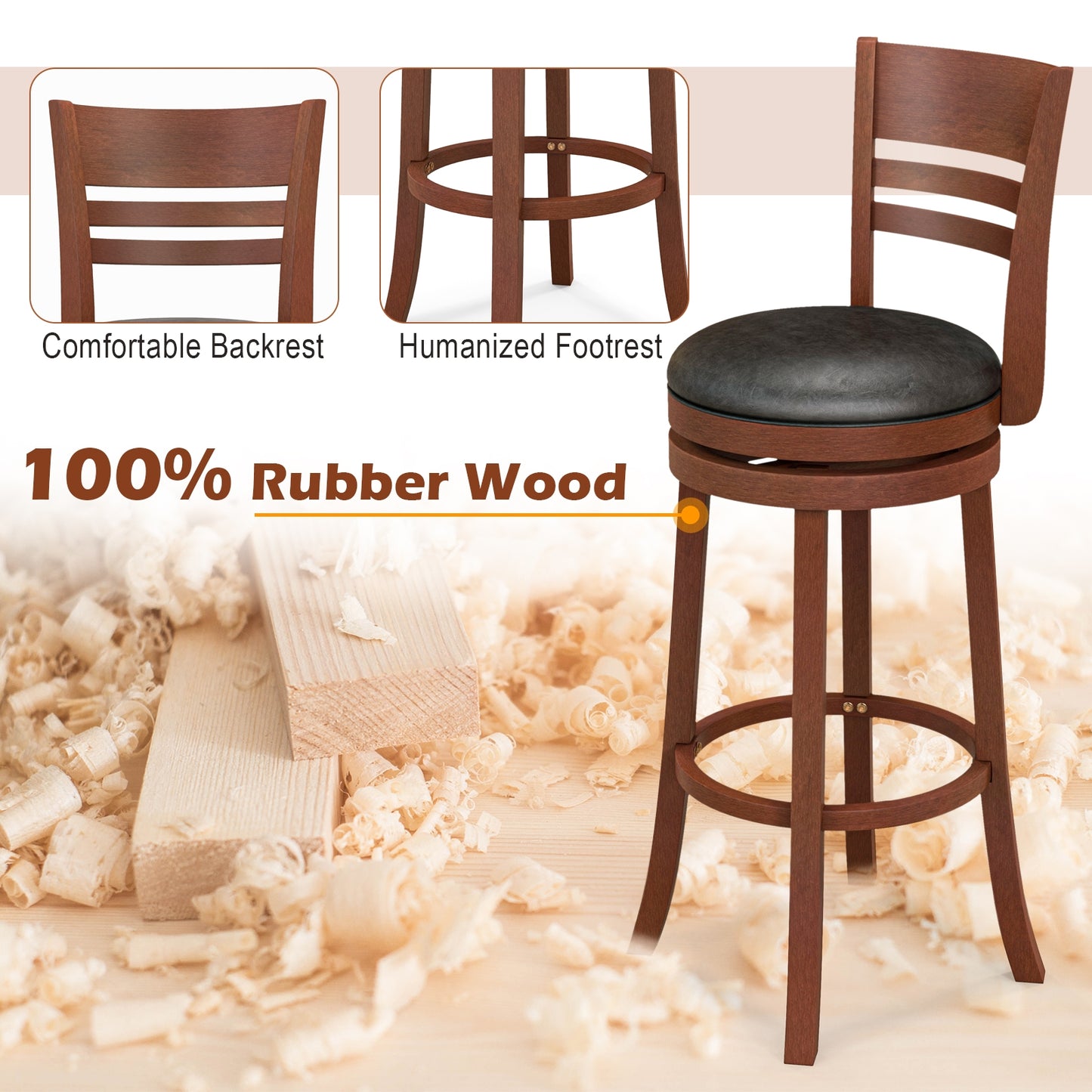 Set of 2 Swivel Bar Stools with PU Upholstered Seats and Solid Wood Legs, 31.5" Bar Height Chairs