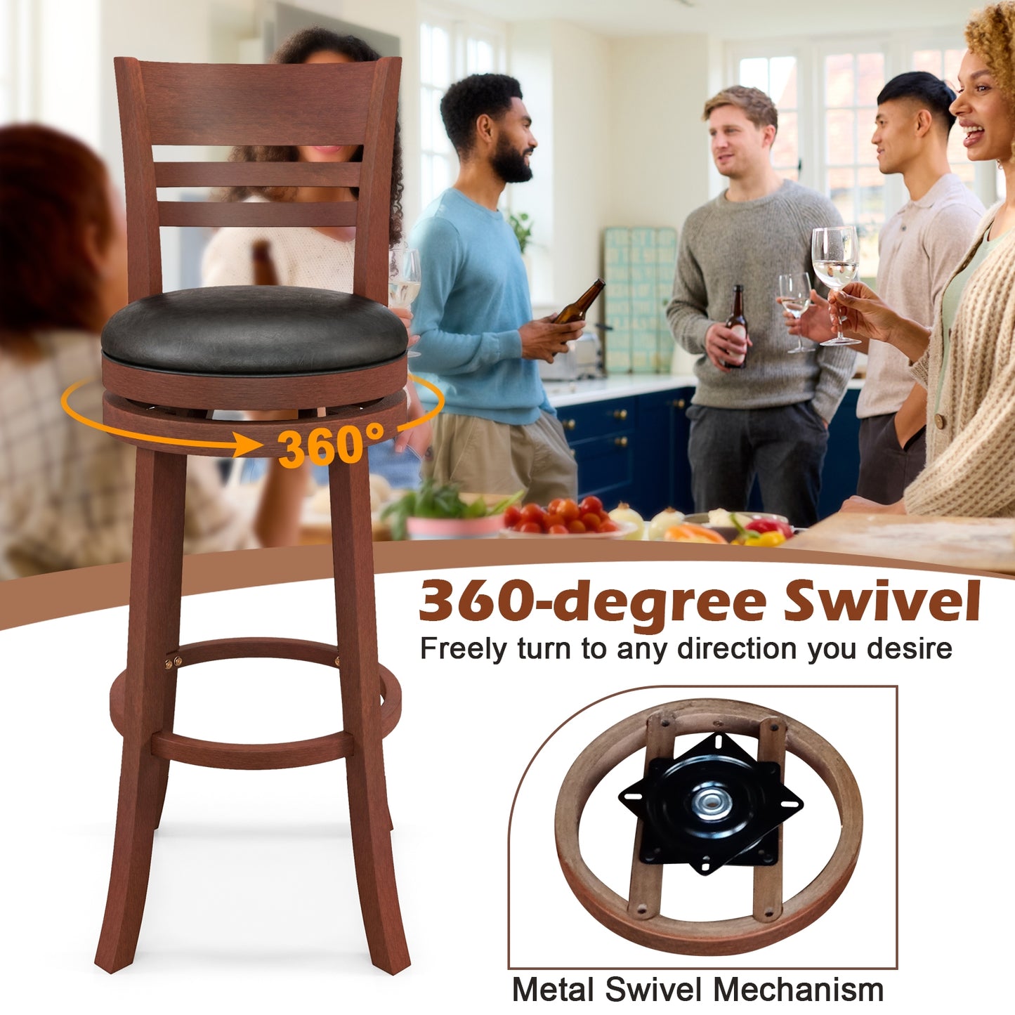 Set of 2 Swivel Bar Stools with PU Upholstered Seats and Solid Wood Legs, 31.5" Bar Height Chairs