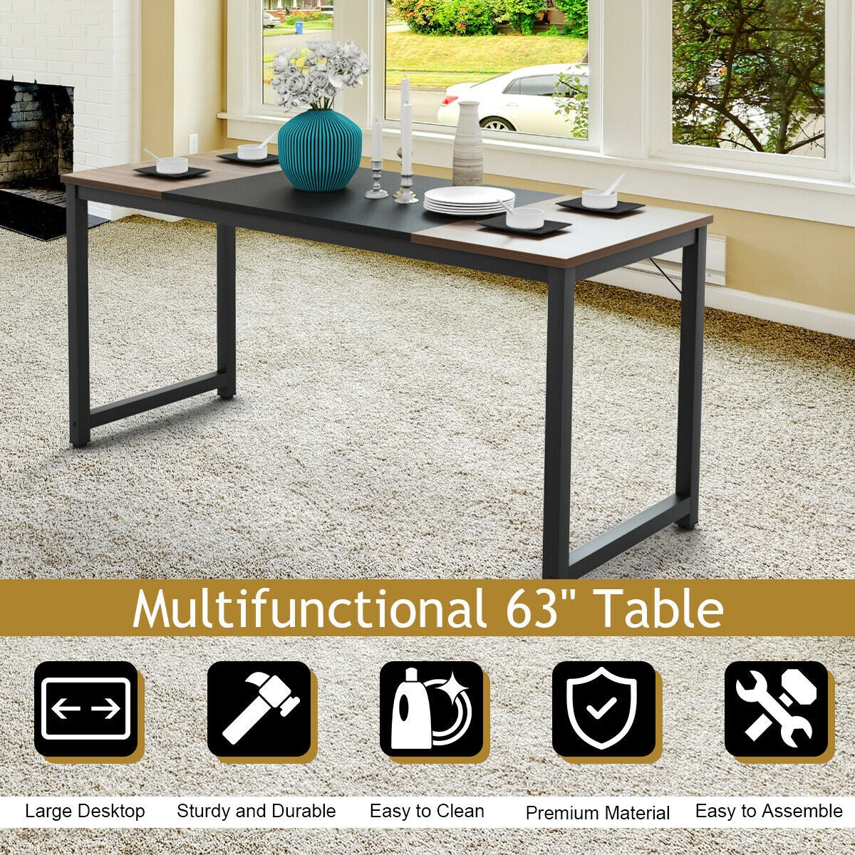 Modern 63 Inch Rectangular Dining Table with Solid Metal Frame and Wood Grain Top