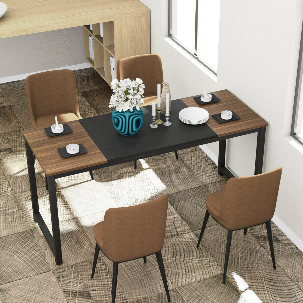 Modern 63 Inch Rectangular Dining Table with Solid Metal Frame and Wood Grain Top