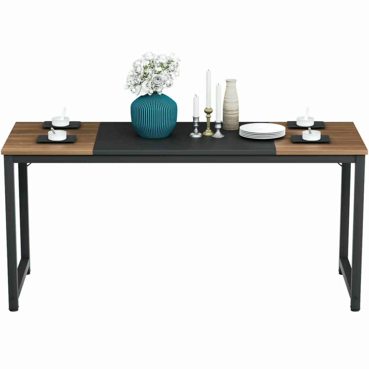 Modern 63 Inch Rectangular Dining Table with Solid Metal Frame and Wood Grain Top