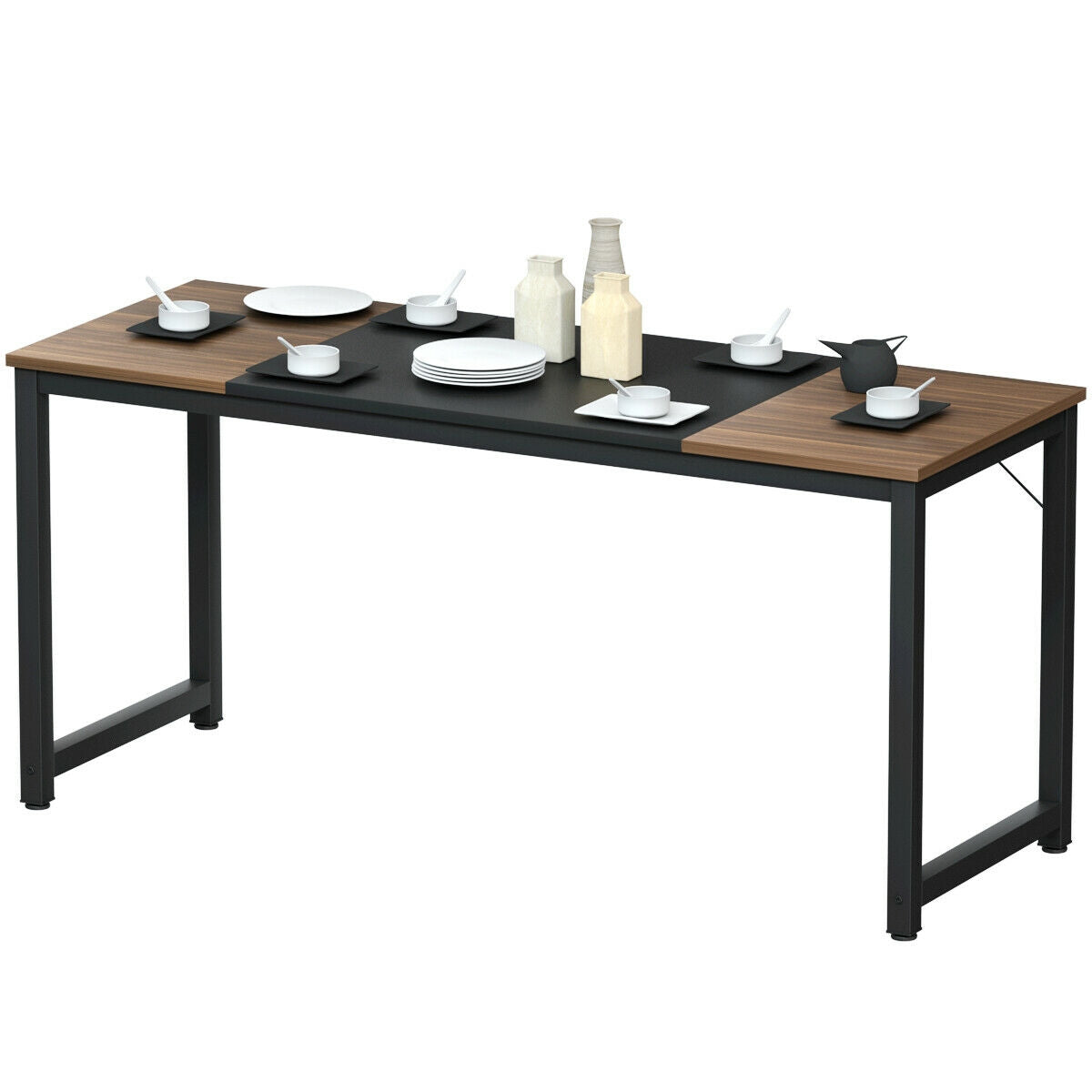 Modern 63 Inch Rectangular Dining Table with Solid Metal Frame and Wood Grain Top