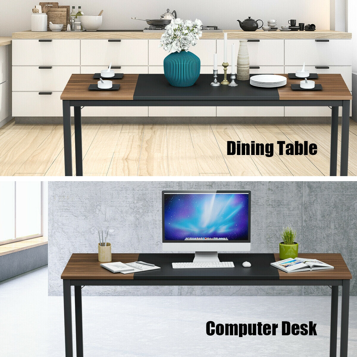 Modern 63 Inch Rectangular Dining Table with Solid Metal Frame and Wood Grain Top