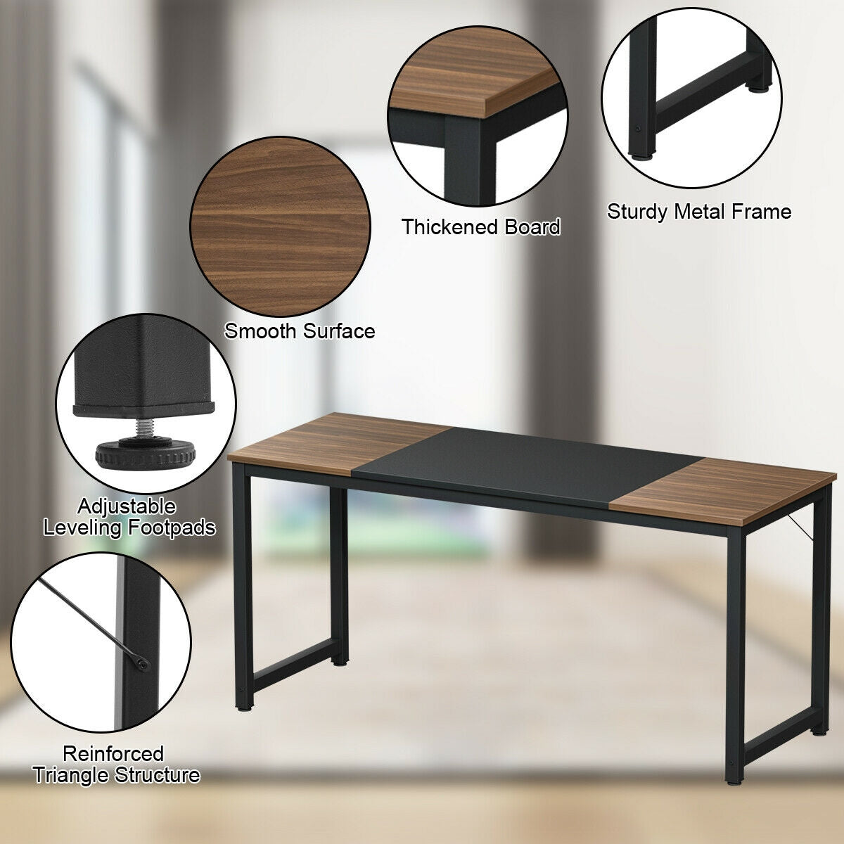 Modern 63 Inch Rectangular Dining Table with Solid Metal Frame and Wood Grain Top