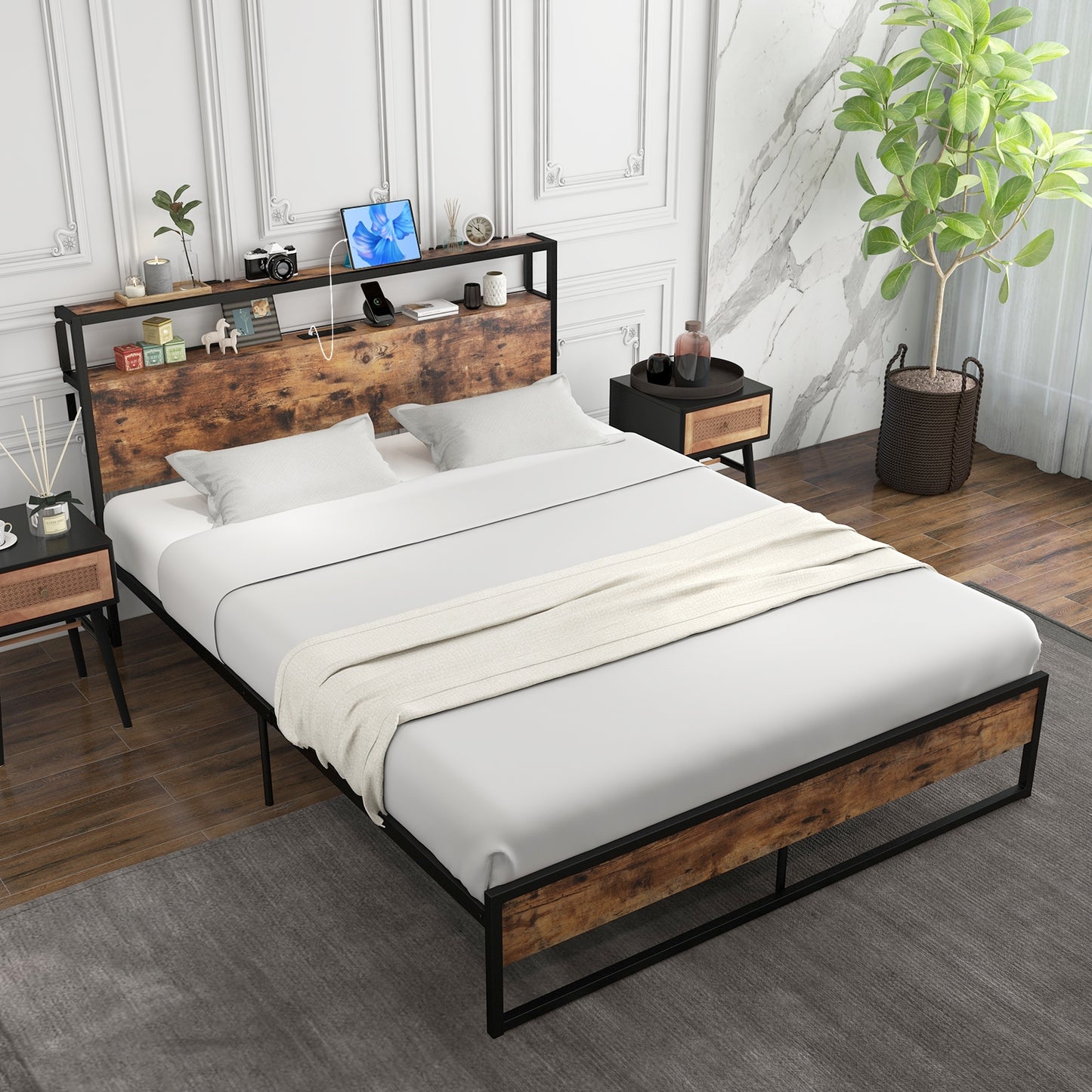 Rustic Brown Metal Bed Frame with 2-Tier Storage Headboard and Built-in Charging Station – Queen Size