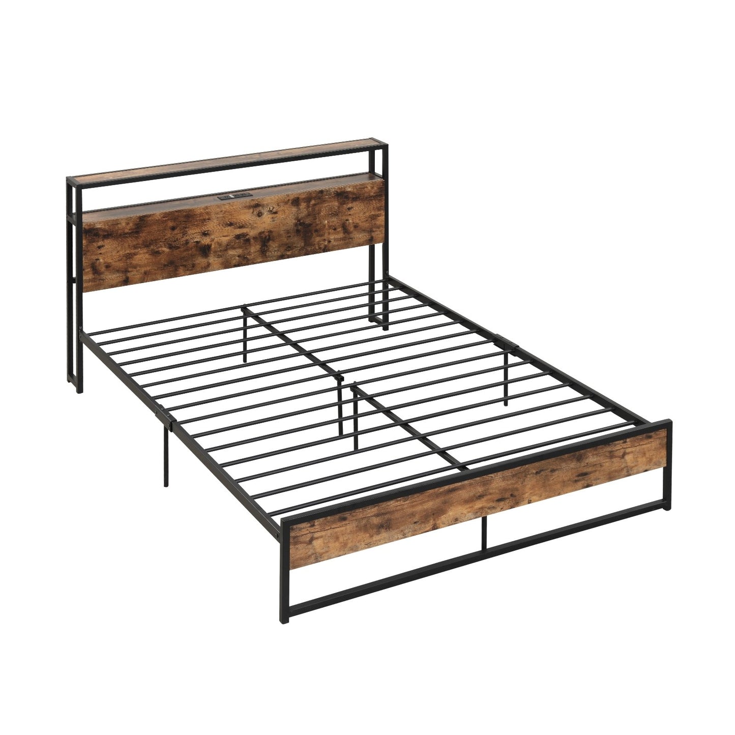 Rustic Brown Metal Bed Frame with 2-Tier Storage Headboard and Built-in Charging Station – Queen Size