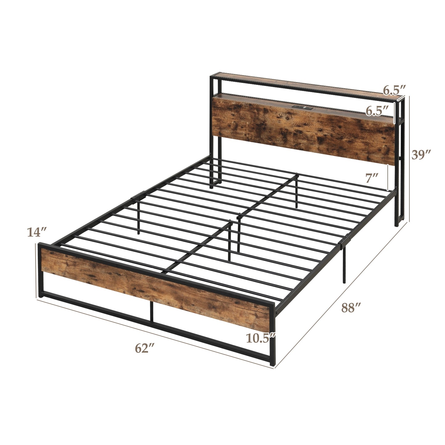 Rustic Brown Metal Bed Frame with 2-Tier Storage Headboard and Built-in Charging Station – Queen Size