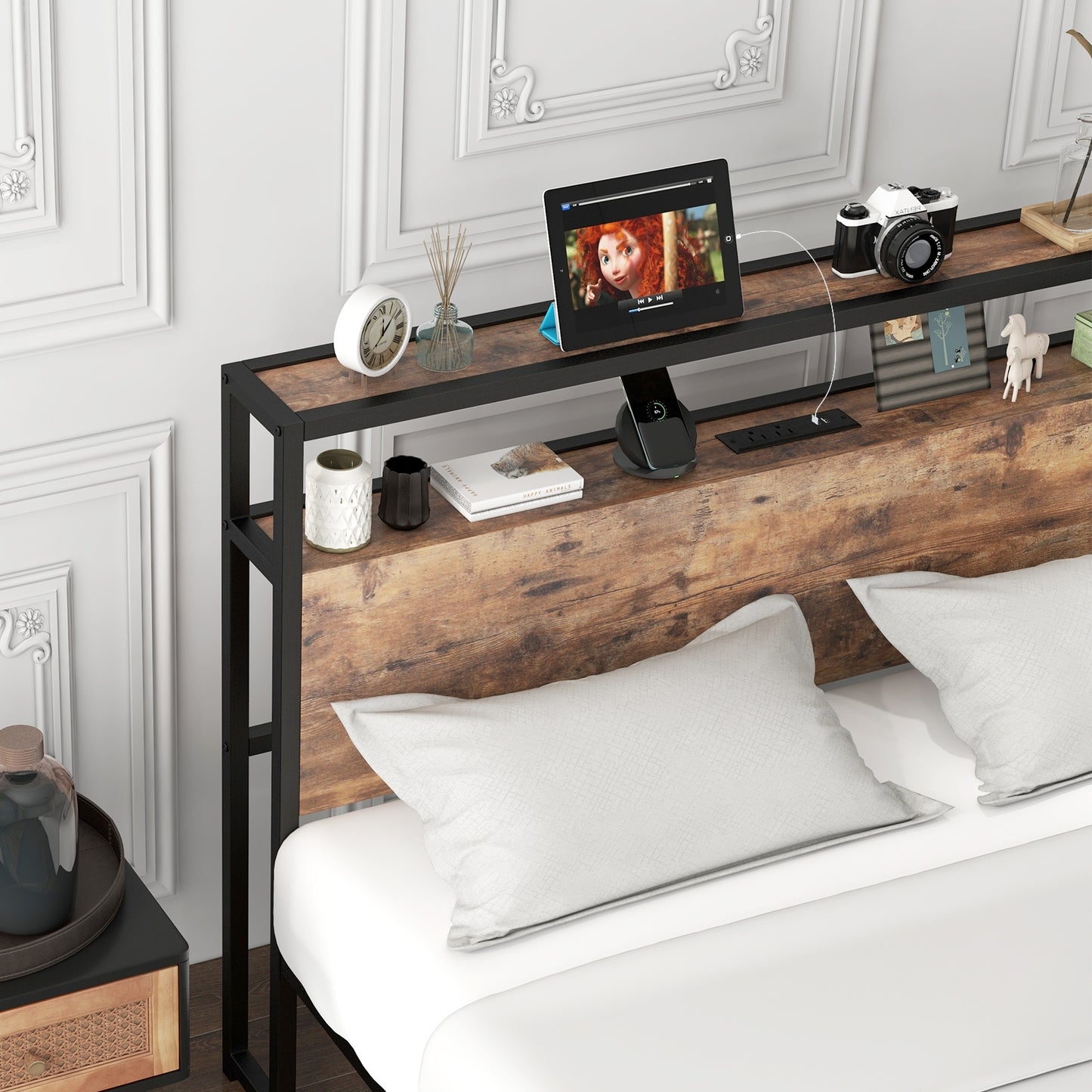 Rustic Brown Metal Bed Frame with 2-Tier Storage Headboard and Built-in Charging Station – Queen Size