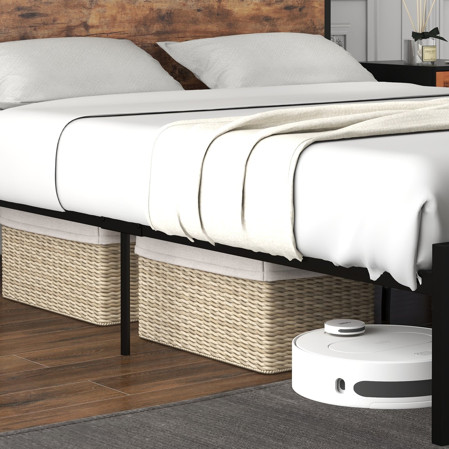 Rustic Brown Metal Bed Frame with 2-Tier Storage Headboard and Built-in Charging Station – Queen Size