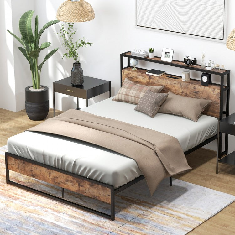 Rustic Brown Metal Bed Frame with 2-Tier Storage Headboard and Built-in Charging Station – Full Size