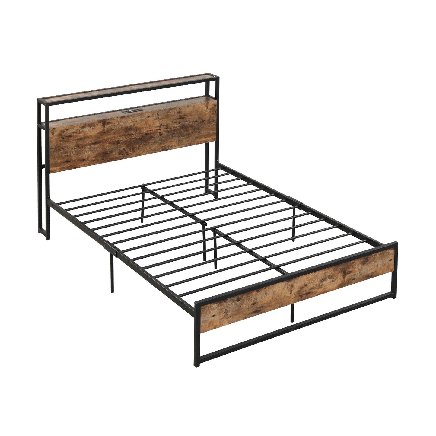 Rustic Brown Metal Bed Frame with 2-Tier Storage Headboard and Built-in Charging Station – Full Size