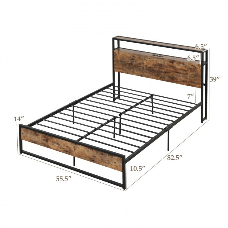 Rustic Brown Metal Bed Frame with 2-Tier Storage Headboard and Built-in Charging Station – Full Size