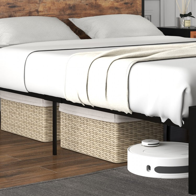 Rustic Brown Metal Bed Frame with 2-Tier Storage Headboard and Built-in Charging Station – Full Size